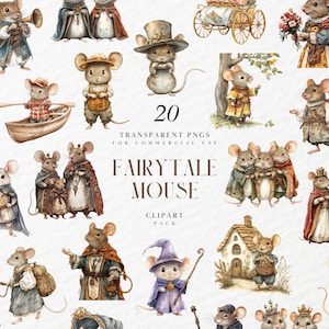Watercolor Fairytale Mouse Clipart, Fantasy Mouse Clipart, Cute Pet Mouse Mice Clipart, Instant Download PNG Format For Commercial Use.