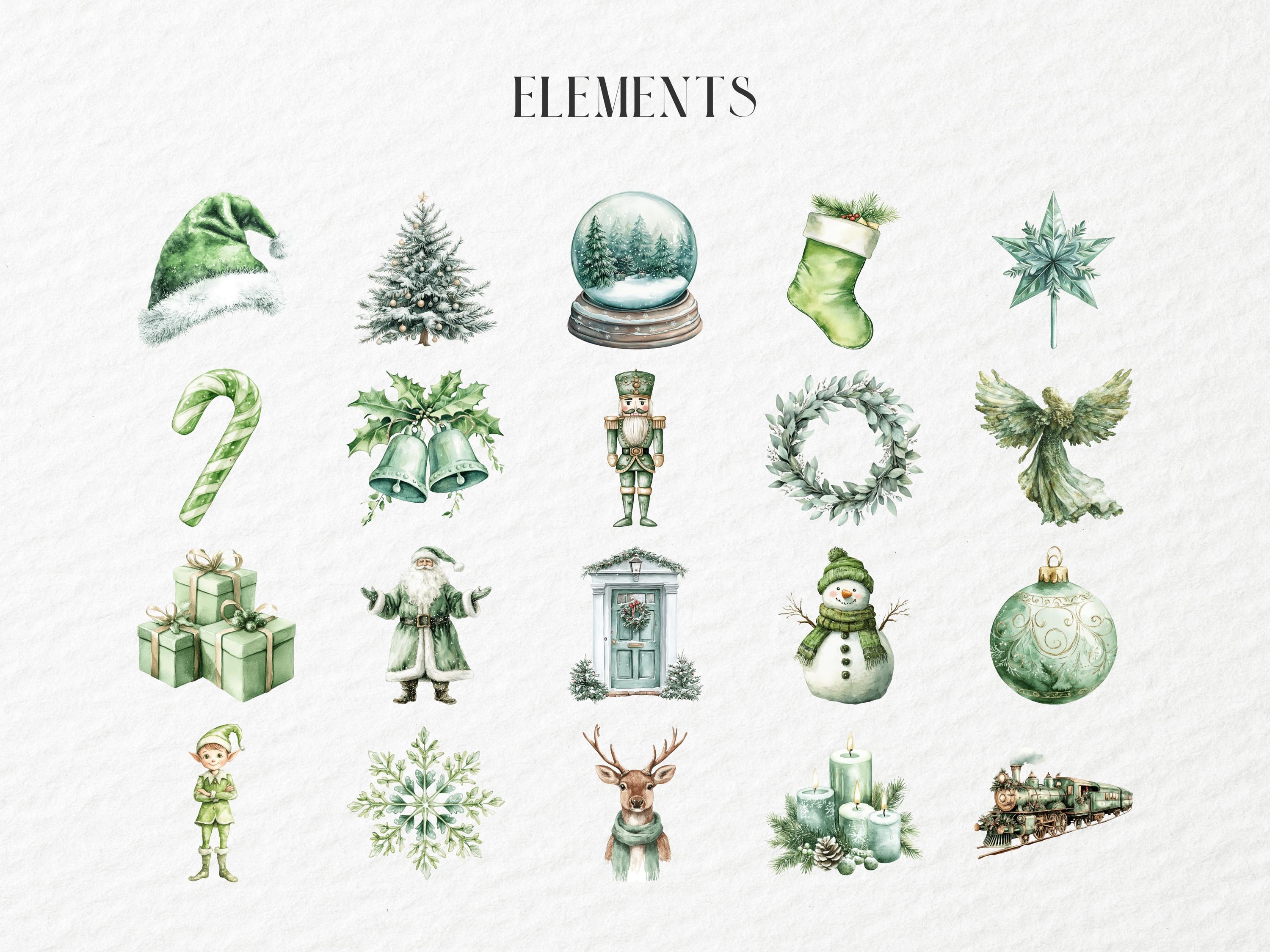 Watercolor Pastel Green Christmas Clipart, Elements, Elf Santa, Tree ...