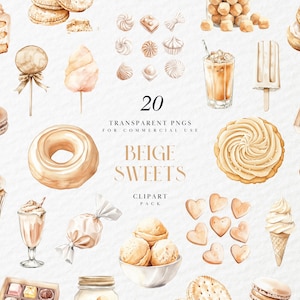 Akvarell beige sötsaker Clipart, blandat desserttema, kaka, glass, godis, muffins, dryck, transparent PNG-grafik, kommersiellt bruk