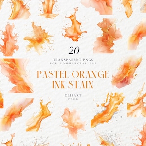 May include: 20 transparent PNGs of pastel orange ink stains, perfect for commercial use. This clipart pack features abstract watercolor designs with a soft, delicate look.