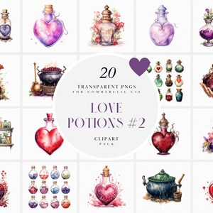 May include: A set of 20 watercolor illustrations of love potions in various shapes and colors. The illustrations include bottles, cauldrons, and hearts. The text "Love Potions #2" is in the center of the image.