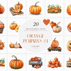 Clipart de abóbora laranja aquarela, clipart de abóboras laranja, convites, elementos de outono, estação de outono, gráficos PNG transparentes, uso comercial