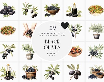 Könnte beinhalten: Ein Set mit 20 Aquarell-Illustrationen von schwarzen Oliven, Olivenzweigen, Olivenölflaschen und Olivenschalen. Die Illustrationen sind perfekt, um Ihren Designs einen Hauch von mediterranem Charme zu verleihen.