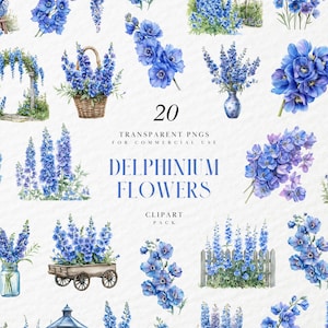 Clipart aquarelle fleurs de delphinium, tige d'alouette indigo, élégant bouquet de fleurs sauvages bleu, décoration florale, PNG Transparent, usage Commercial