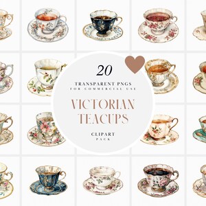 Clipart di tazze da tè vittoriane ad acquerello, clipart di tazze da tè vittoriane, clipart di tea party antico, tazza di sottobicchiere da tè, PNG trasparente, uso commerciale
