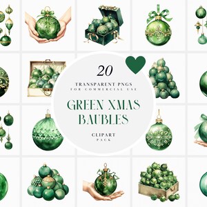 Watercolor Green Christmas Baubles Clipart, Green Christmas Globes Clipart, Green Tree Ornaments Clipart, Transparent PNG Commercial Use