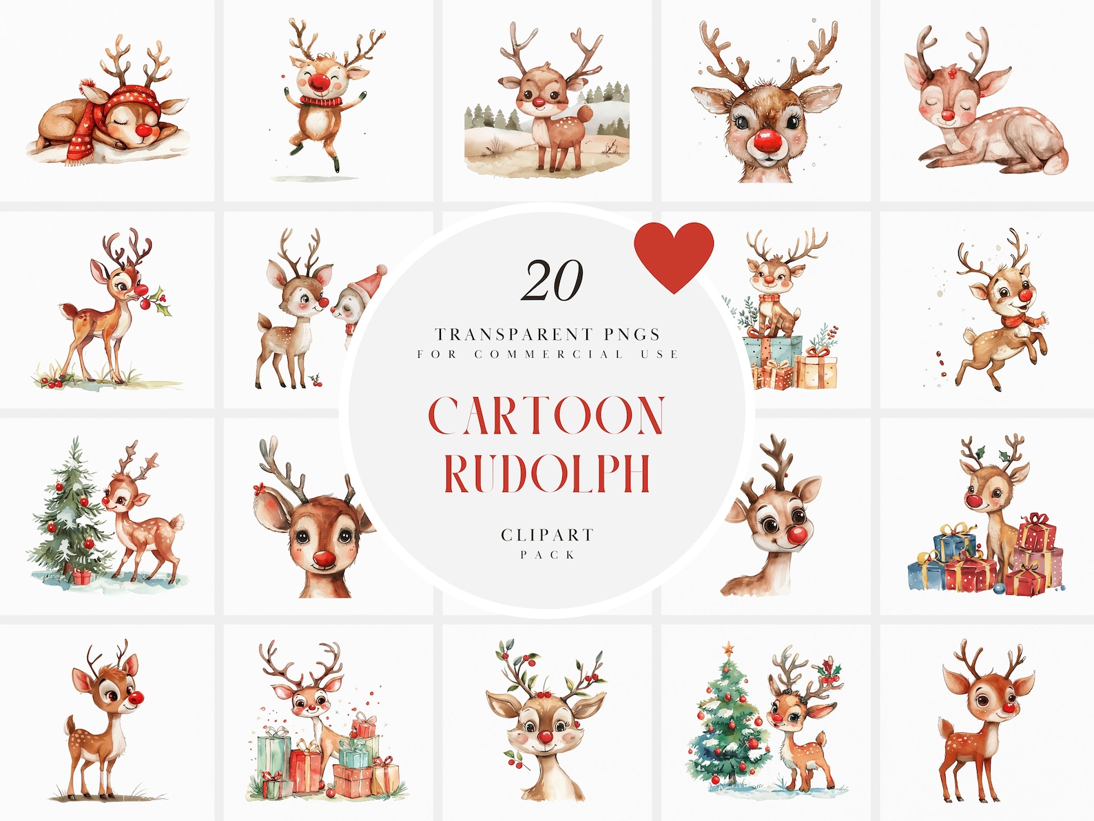 Watercolor Cartoon Rudolph the Red Nosed Reindeer Clipart, Adorable ...