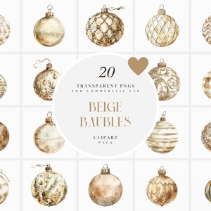 Watercolor Beige Baubles, Christmas Globes, Christmas Tree Ornaments, Christmas Decor, Xmas Holiday Season, Transparent PNG, Commercial Use