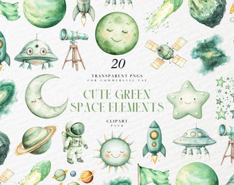 Imágenes prediseñadas de elementos espaciales en acuarela verde: astronauta y cohete, planetas, sistema solar, decoración infantil, gráficos PNG transparentes, uso comercial.