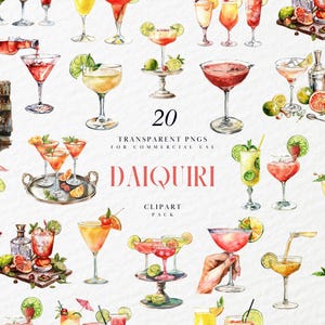 May include: A set of 20 watercolour illustrations of daiquiris, a popular cocktail, with various fruits and garnishes. The illustrations are perfect for creating digital or printed designs.