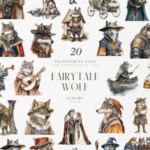 Clipart di lupo da favola ad acquerello, personaggio della foresta incantata, bestia da libro di fiabe d'epoca, animale fantasy dark, PNG trasparente, uso commerciale