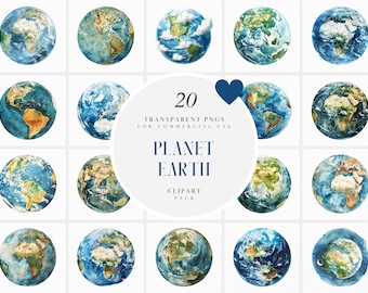 Watercolor Earth Clipart, Planet Earth Clipart, Realistic Mother Earth, Globe, The Blue Planet, Transparent PNG Graphics, Commercial Use