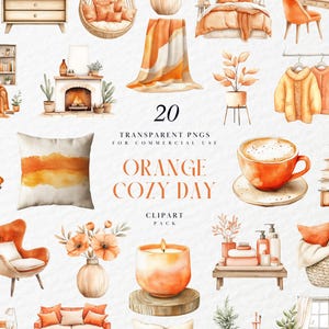 Clipart de un día acogedor en acuarela naranja, escena de confort otoñal, ambiente cálido otoñal, decoración de estilo de vida hygge, gráficos PNG transparentes, uso comercial