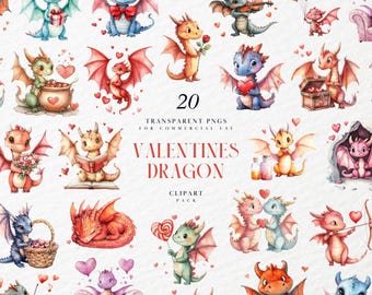 May include: A set of 20 watercolour illustrations featuring cute dragons with hearts, flowers, and gifts. The image includes the text "VALENTINES DRAGON CLIPART PACK" and is for commercial use.