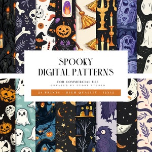 Puede incluir: Un conjunto de 24 patrones digitales de Halloween espeluznantes con varios diseños, que incluyen fantasmas, calabazas, murciélagos, cuervos y más. Los patrones son de alta calidad y perfectos para crear manualidades espeluznantes, decoraciones y más.
