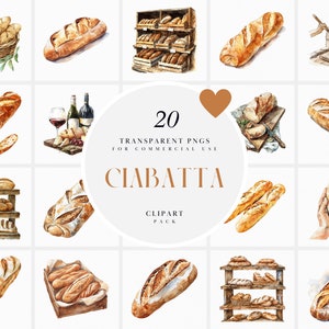 Imágenes prediseñadas de ciabatta de acuarela, pan italiano caliente, ciabatta casera fresca, baguette, palitos de pan, gráficos PNG transparentes, uso comercial
