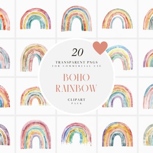 Clipart arcobaleno boho acquerello, simpatici arcobaleni dai colori neutri, decorazioni per la cameretta dei bambini, arte murale, artigianato, PNG trasparente, uso commerciale