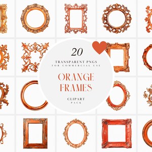 May include: Set of 20 orange picture frames in various shapes and sizes. The frames are ornate and have a vintage look.  20 TRANSPARENT PNGS FOR COMMERCIAL USE ORANGE FRAMES CLIPART PACK
