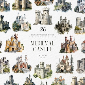 Watercolor Medieval Fort Clipart, European Royal Forts, Middle Ages Clipart, Medieval Europe, Transparent PNG Graphics, Commercial Use
