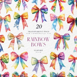 Watercolor Rainbow Bows Clipart, Kawaii Coquette Hair Accessories, Baby Shower, Ribbon Set, Pride, Transparent PNG Graphics, Commercial Use