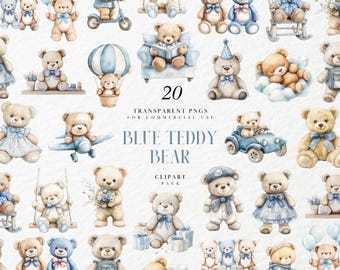 Clipart di orsacchiotto blu acquerello, illustrazione di giocattolo vintage, decorazione per baby shower, decorazione murale per cameretta dei bambini, grafica PNG trasparente, uso commerciale
