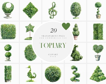 Watercolor Topiary Clipart, Potted Topiary Planter Clipart, Garden Decorative Green Foliage Clipart, Transparent PNG Graphic, Commercial Use