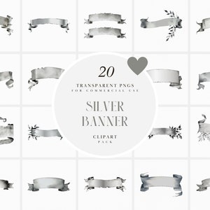 Akvarell Silver Scroll Banner Clipart, Silver Ribbon Banner Clipart, Korttillverkning, Inbjudningselement, Kant, PNG-grafik, Kommersiellt bruk
