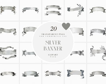 Watercolor Silver Scroll Banner Clipart, Silver Ribbon Banner Clipart, Card Making, Invitation Elements, Border, PNG Graphic, Commercial Use