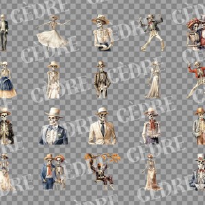 May include: A collection of 16 digital illustrations featuring skeletons dressed in various outfits, including a wedding dress, a suit, and a traditional Mexican dress. The skeletons are depicted in various poses, such as dancing, standing, and sitting.