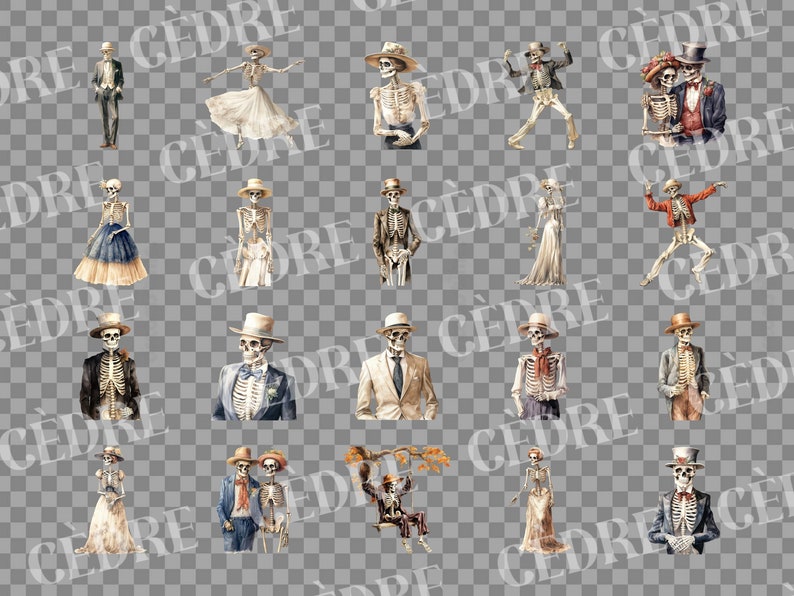 May include: A collection of 16 digital illustrations featuring skeletons dressed in various outfits, including a wedding dress, a suit, and a traditional Mexican dress. The skeletons are depicted in various poses, such as dancing, standing, and sitting.