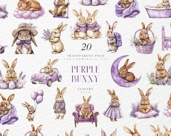 Clipart lapin violet aquarelle, baby shower girl Boho, lapin de Pâques, lavande, animal de la chambre de bébé, graphiques PNG transparents, usage Commercial