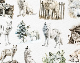 水彩画の北極オオカミのクリップアート、白い雪オオカミ、北極の野生