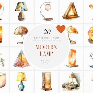 May include: A set of 20 watercolor illustrations of modern lamps in various styles and colors. The lamps are depicted in a white background and are perfect for digital design projects.