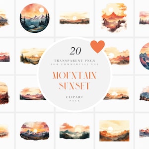 Clipart de pôr do sol de montanha em aquarela, clipart de pôr do sol, vista de montanha de paisagem, gráfico de pôr do sol, download instantâneo em formato PNG para uso comercial