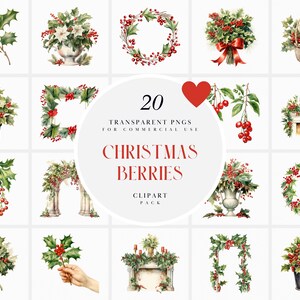 Watercolor Christmas Berries Clipart, Xmas Berries Clipart, Holiday Red Christmas Holly Berries Clipart, Transparent PNG, Commercial Use