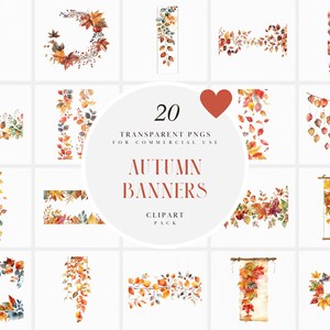 Puede incluir: Un conjunto de 20 pancartas de otoño en acuarela con hojas en tonos naranja, amarillo, rojo y marrón. Las pancartas son perfectas para agregar un toque de otoño a tus diseños.