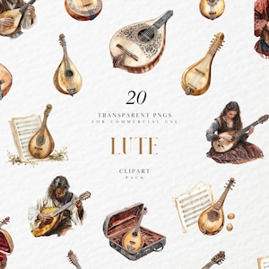 May include: A set of 20 watercolor illustrations of lutes, a type of stringed musical instrument. The illustrations feature various lutes in different positions, some with sheet music, and some with people playing them. The illustrations are perfect for adding a touch of medieval or Renaissance flair to your projects.