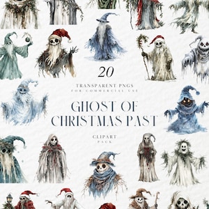 May include: A collection of 20 transparent PNGs featuring watercolor illustrations of ghostly figures. The images include various spectral characters, some wearing hats and cloaks, with the text "Ghost of Christmas Past" and "Clipart Pack".