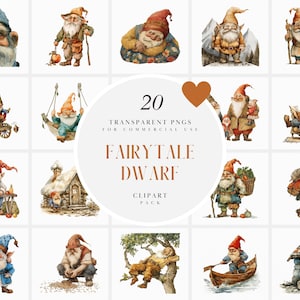 Clipart di nani da favola ad acquerello, Clipart di omini magici, Clipart di creature fantasy, Hobbit, Grafica PNG trasparente, Uso commerciale