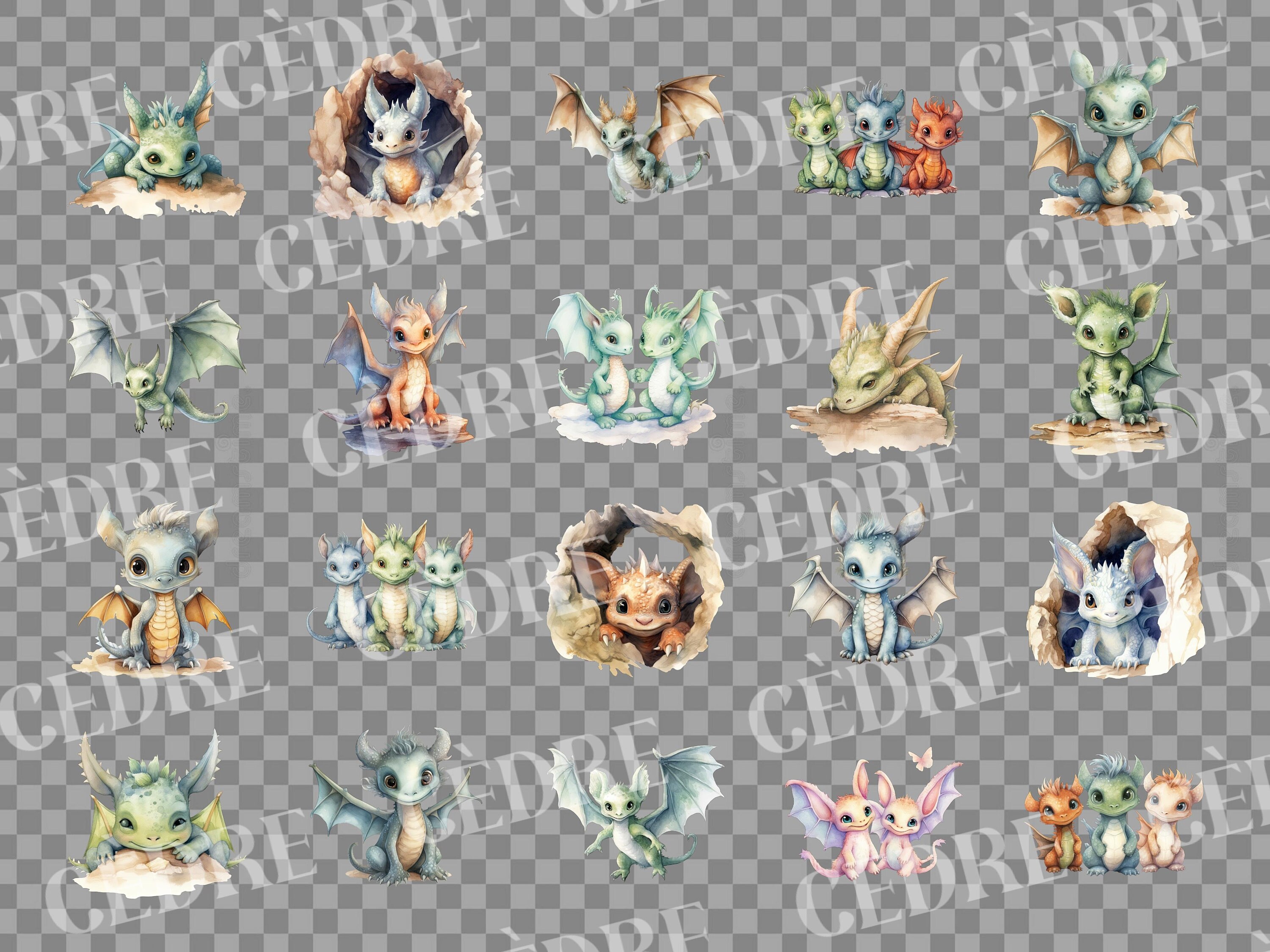 Watercolor Cute Baby Dragon Clipart, Pastel Baby Dragons Clipart ...