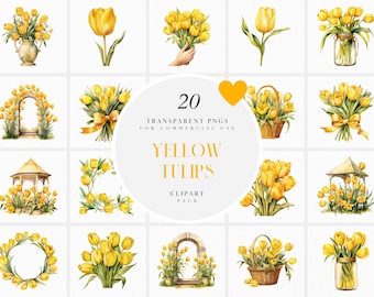 Watercolor Yellow Tulips Clipart, Yellow Tulip Flower Clipart, Yellow Floral Bouquet Clipart, Tulip Bouquet, PNG format for Commercial Use
