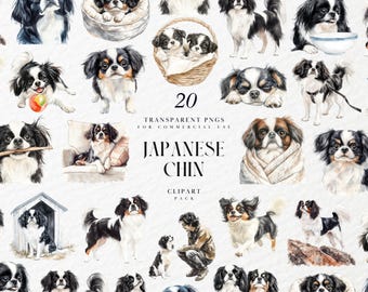Aquarell Japanische Chin Clipart, Flauschige Spielzeughundezucht Kunst, Royal Lap Welpe, Haustierporträt für Hundeliebhaber, Transparente PNG, kommerzielle Nutzung
