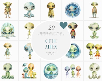 Watercolor Cartoon Alien Clipart, Adorable Cute  Alien, UFO Paranormal Aliens, Space, Galaxy, Transparent PNG Graphics, Commercial Use