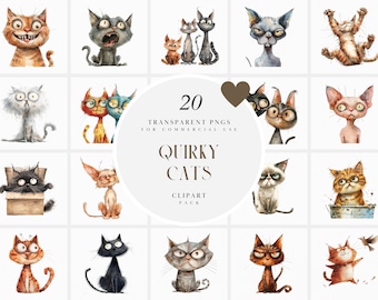 Akwarela Quirky Cats Clipart, Słodkie Zabawne Koty Clipart, Kapryśne Kocięta, Dom dla Zwierząt Kot Clipart, Przezroczysta Grafika PNG, Użytek Komercyjny