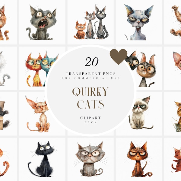Watercolor Quirky Cats Clipart, Cute Funny Cats Clipart, Whimsical Kittens, Pet Home Cat Clipart, Transparent PNG Graphic, Commercial Use