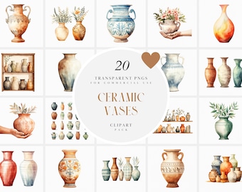 May include: A set of 20 watercolor illustrations of ceramic vases in various styles and colors. The vases are decorated with floral patterns, geometric designs, and other decorative elements. The illustrations are perfect for use in digital and print projects.