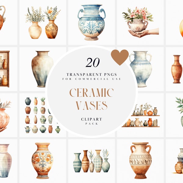 Watercolor Ceramic Vase Clipart, Handmade Ceramic Vases Clipart, Pottery Clipart, Planter Clipart, Transparent PNG Graphic, Commercial Use