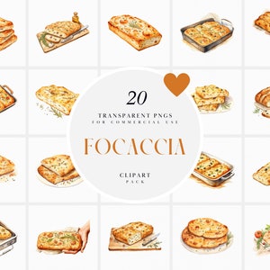 Imágenes prediseñadas de focaccia de acuarela, imágenes prediseñadas de pan de focaccia italiano cálido, imágenes prediseñadas de focaccia casera fresca, gráficos PNG transparentes, uso comercial