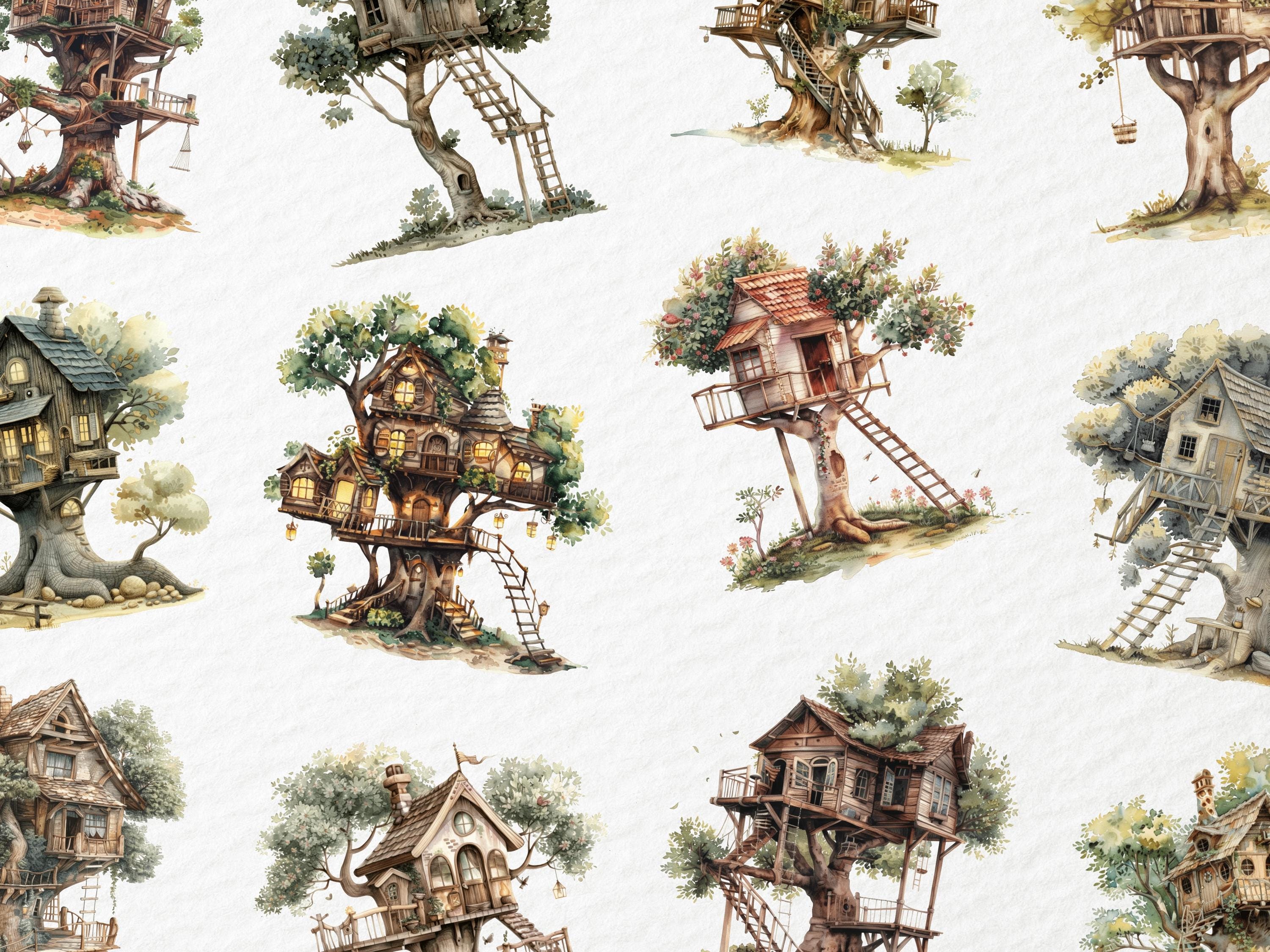 Watermark Treehouse Watercolor Treehouse Clipart, Kids Playground, Childrens Backyard Tree ...