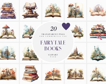 May include: A set of 20 digital clipart images of open books with fairytale scenes inside. The scenes include castles, mushrooms, and other whimsical elements. The images are perfect for adding a touch of magic to your projects.